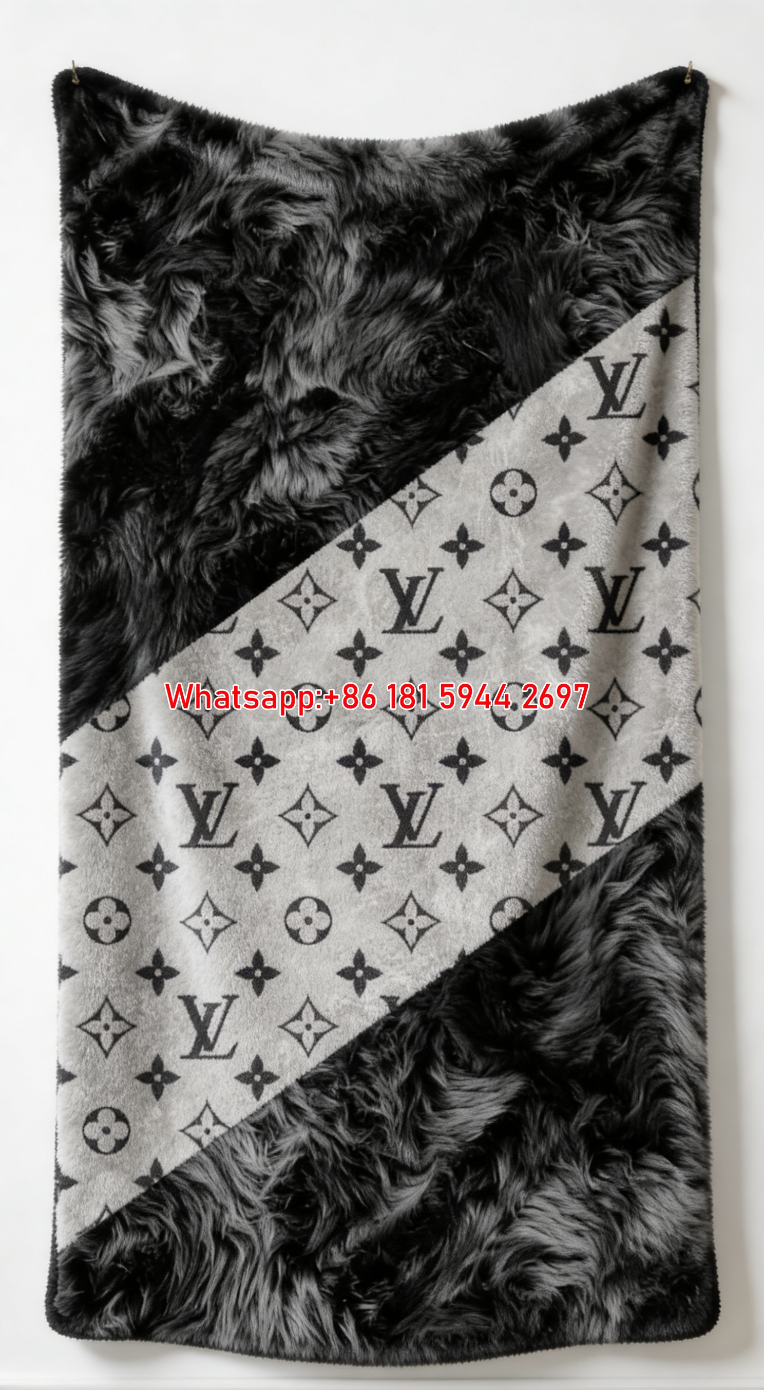 LV Monogram Faux Fur Blanket Black Grey LV Flannel Throw IMG_3274